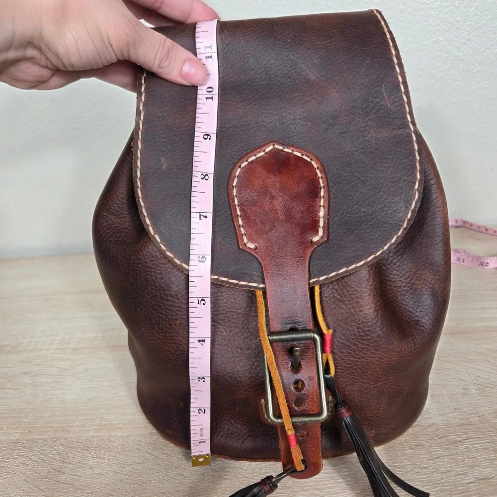 Vintage Brown Genuine Leather Backpack Drawstring Tassel Boho Western Rucksack